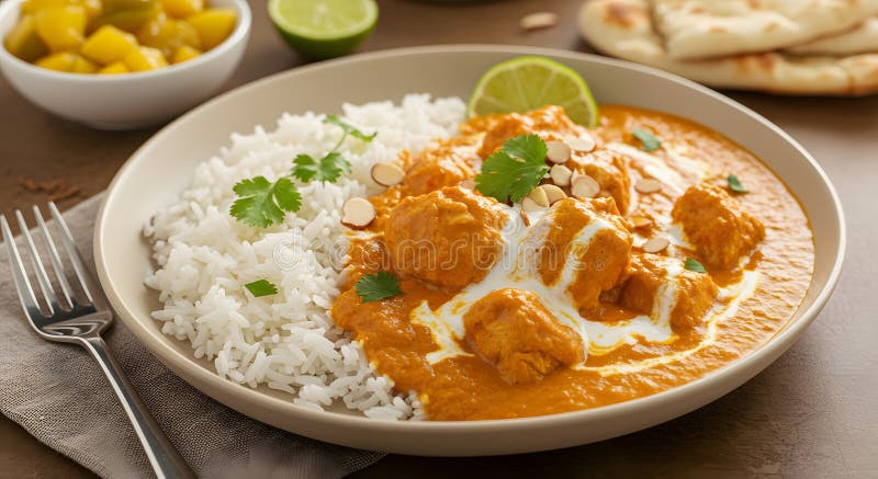 Delicious Chicken Tikka Masala med Rice Naan Bread och Mango Chutney royaltyfri illustrationer