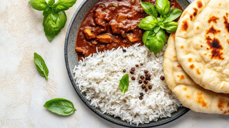 Delicious Chicken Tikka Masala med Rice och Naan vektor illustrationer