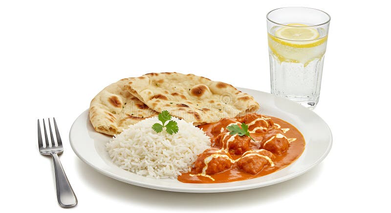 Delicious Chicken Tikka Masala med Rice och Naan vektor illustrationer