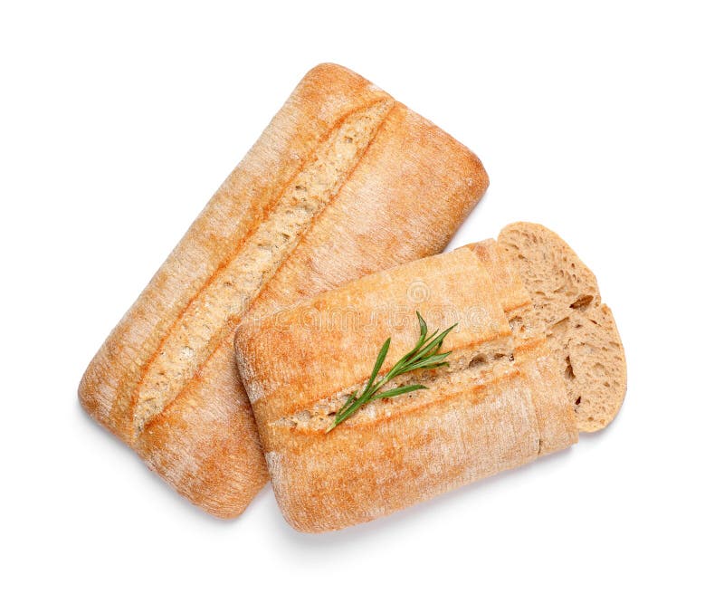 Delicious ciabattas with rosemary on white background, top view