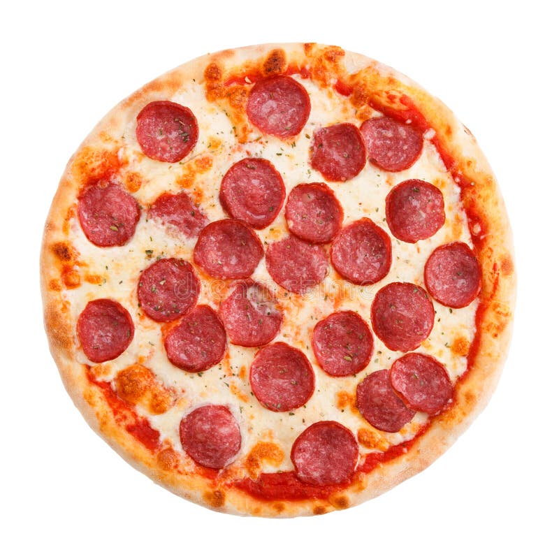 Delicious classic italian Pizza Pepperoni with sausages and cheese mozzarella. Isolated on white background cooked cookery dish full whole horizontal hot stock image Delicious classic italian Pizza Pepperoni with sausages and cheese mozzarella. Isolated on white background cooked cookery dish full whole horizontal hot stock image
