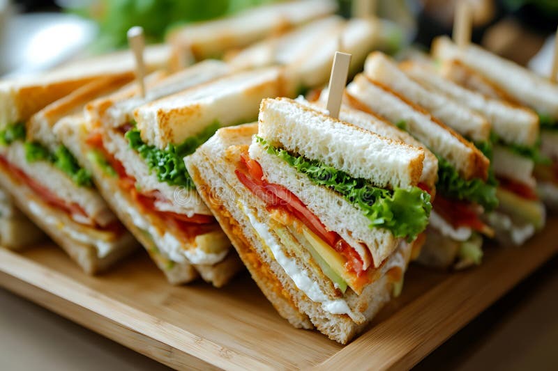 Delicious club sandwiches on wooden tray. (1 vector illustration