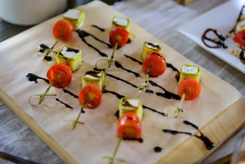 Delicious Cold Appetizers On Skewers, Close-up. Cherry ...