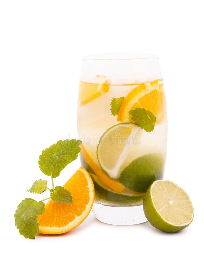 Delicious cold cocktail, lime and mint in it.