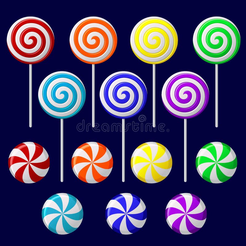 Vector set with colorful candies on dark background. Peppermint stripes vectors
