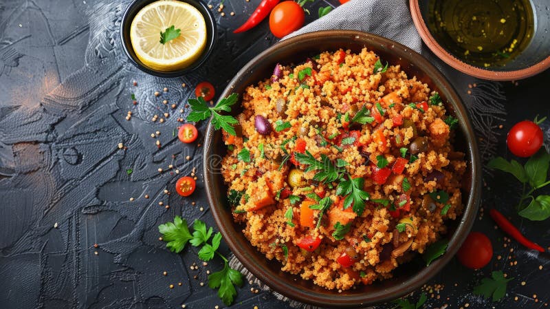 Salată delicioasă de cușcuș cu legume și măsline stock image