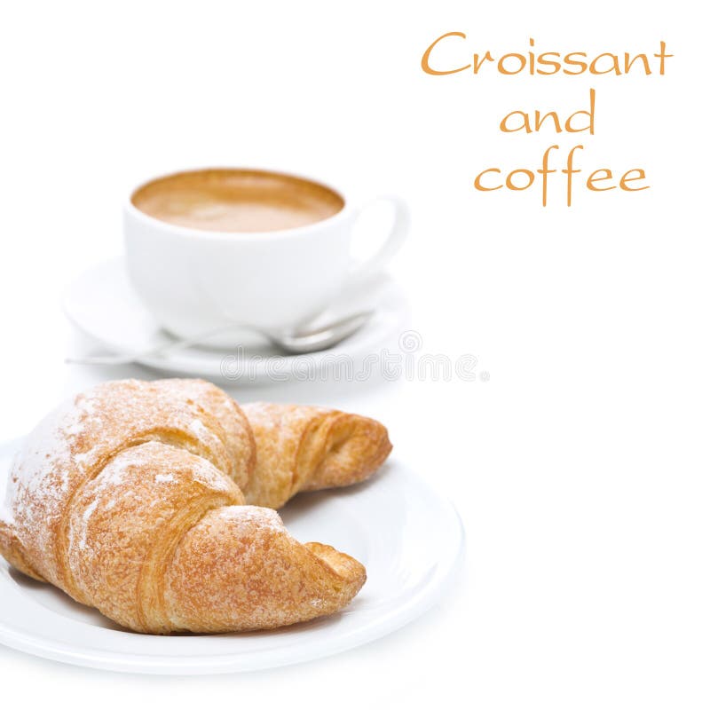 Delicious croissant and cup of black coffee, isolated