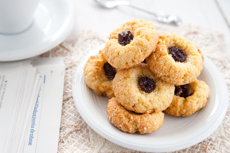Delicious and crunchy rice cookies with jam stock photos
