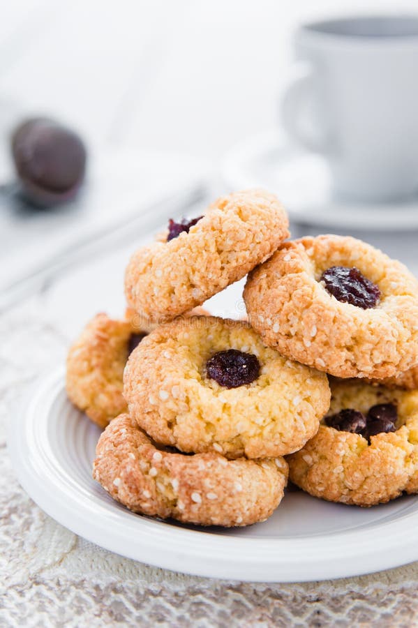 Delicious and crunchy rice cookies with jam stock photos