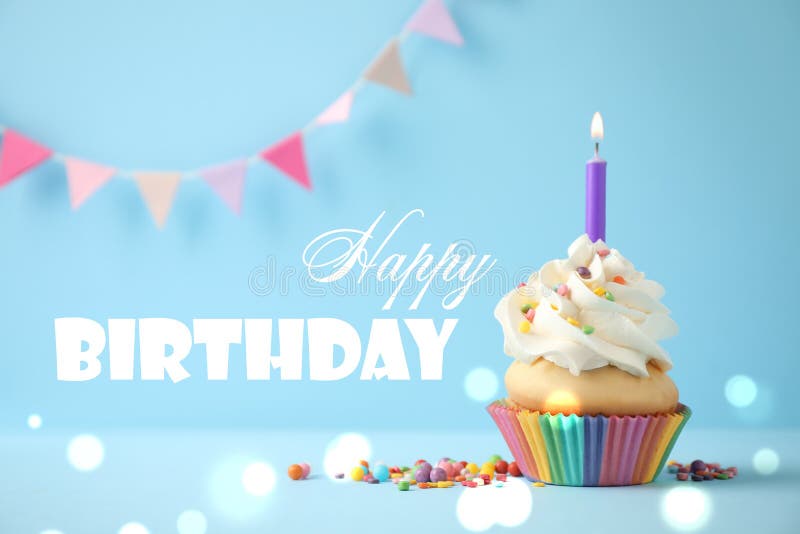 Delicious Cupcake with Candle on Blue Background. Happy Birthday Stock ...