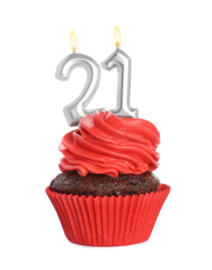 Delicious Cupcake with Number Shaped Candles on White Background ...