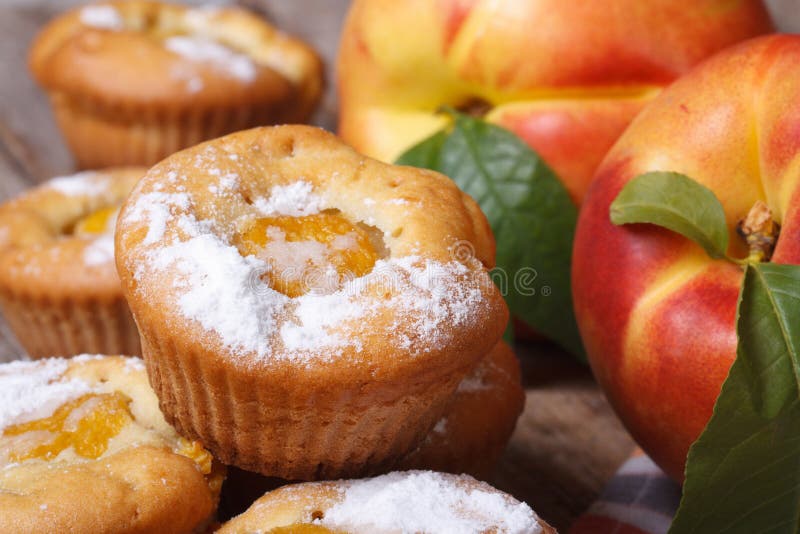 Delicious cupcakes with peach sprinkled with powdered sugar stock images Delicious cupcakes with peach sprinkled with powdered sugar stock images