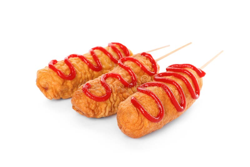 Delicious Deep Fried Corn Dogs with Ketchup on White Background Stock