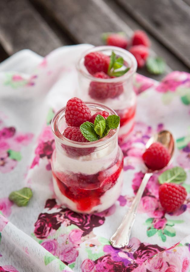 Delicious Dessert with Fresh Raspberry and Mint Stock Image Image of