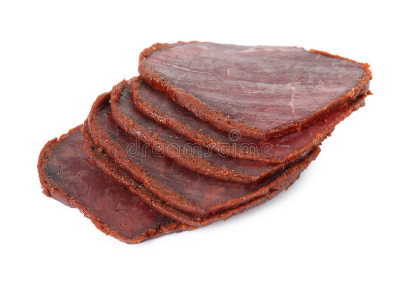 Delicious Drycured Beef Basturma Slices on White Background Stock