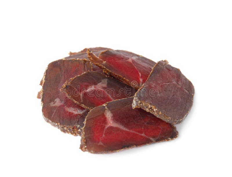 Delicious Drycured Beef Basturma Slices on White Background Stock