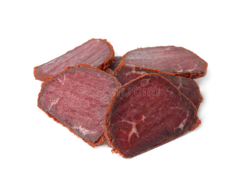 Delicious Drycured Beef Basturma Slices on White Background Stock