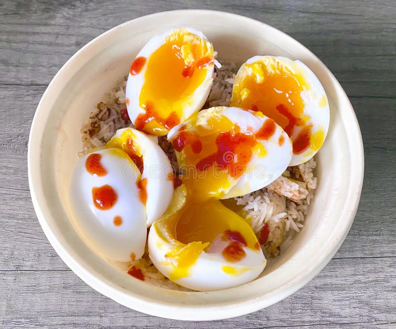 Delicious Duck Eggs with Chilli Sauce on Onion Rice Stock Image Image