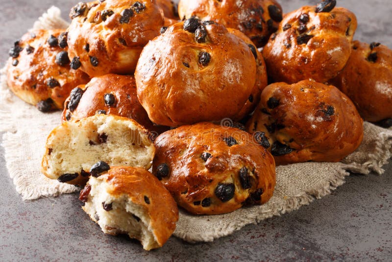 Delicious Dutch Buns with Raisins and Currants Closeup. Horizontal