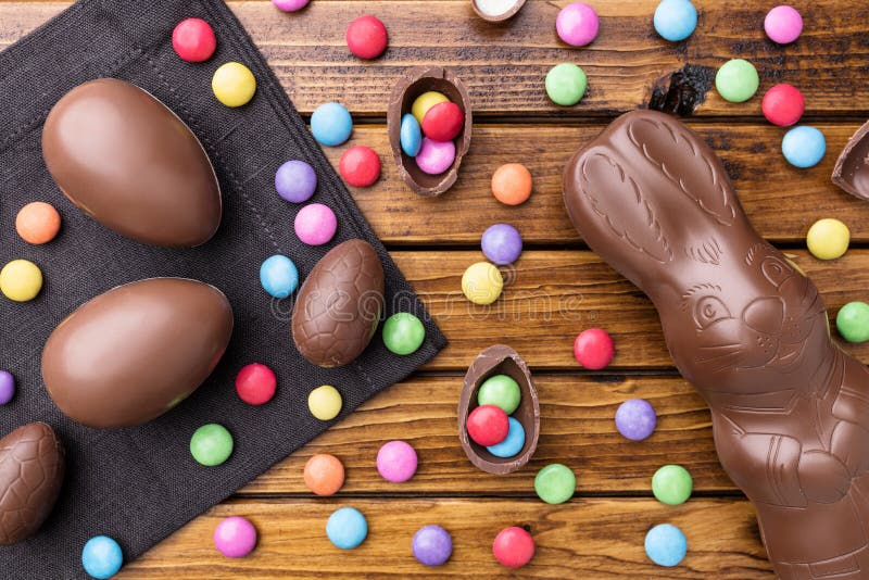 Delicious Easter Chocolate Bunny, Eggs and Sweets Stock Photo Image