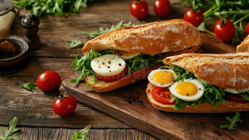 Delicious Egg and Tomato Sandwiches on Rustic Wooden Board royalty free illustration