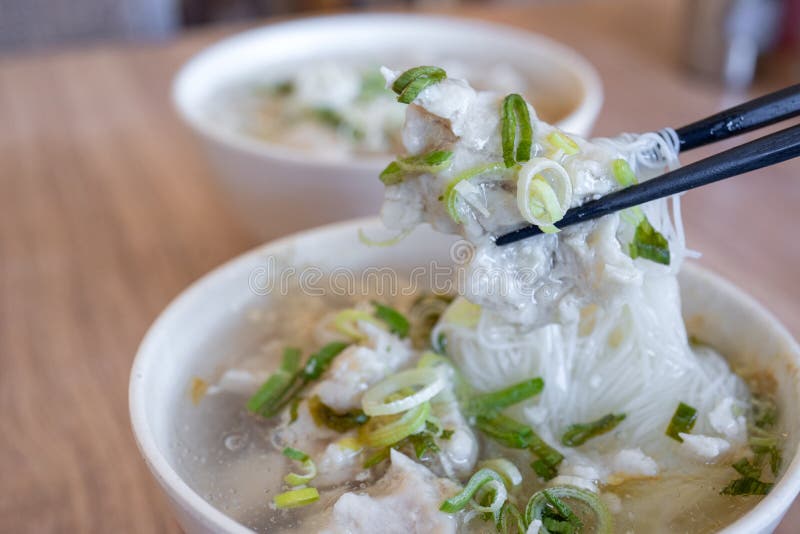 Delicious fish ball rice noodles in thick soup, common food in Tainan, Taiwan, Asia, Asian Taiwanese street delicacy cuisine