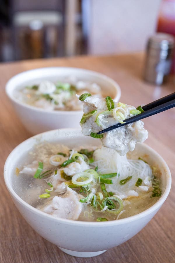 Delicious fish ball rice noodles in thick soup, common food in Tainan, Taiwan, Asia, Asian Taiwanese street delicacy cuisine