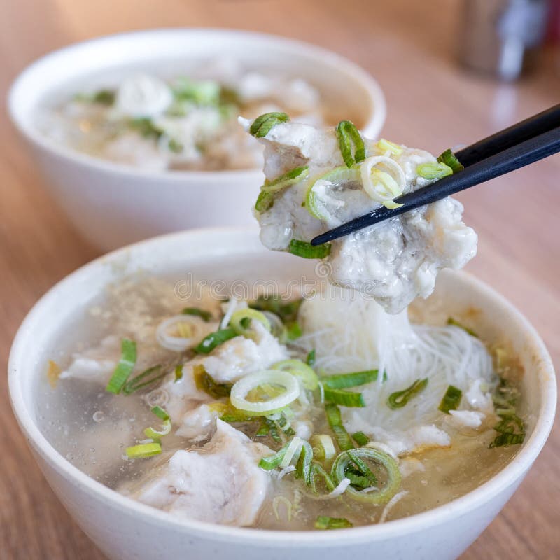 Delicious fish ball rice noodles in thick soup, common food in Tainan, Taiwan, Asia, Asian Taiwanese street delicacy cuisine