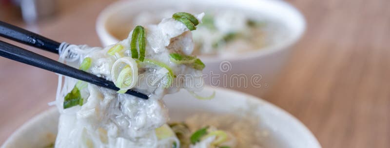 Delicious fish ball rice noodles in thick soup, common food in Tainan, Taiwan, Asia, Asian Taiwanese street delicacy cuisine