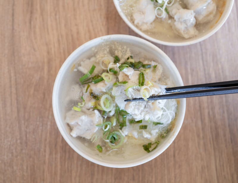 Delicious fish ball rice noodles in thick soup, common food in Tainan, Taiwan, Asia, Asian Taiwanese street delicacy cuisine