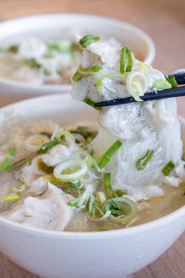 Delicious fish ball rice noodles in thick soup, common food in Tainan, Taiwan, Asia, Asian Taiwanese street delicacy cuisine