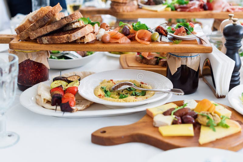 Delicious Food. Different Meals for the Guests on the Table in