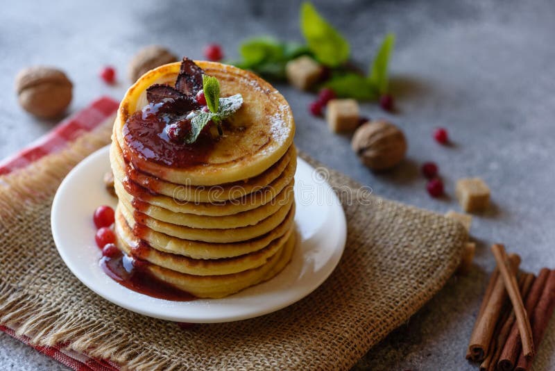 Delicious Fresh Beautiful Pancakes with Citrus Honey and Jam Stock ...