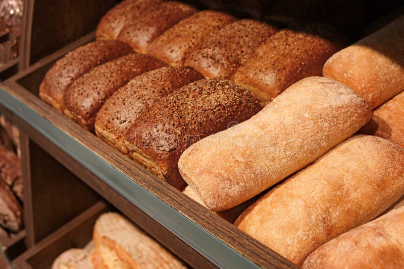 Delicious Fresh Bread on Shelf in Bakery Stock Image Image of object