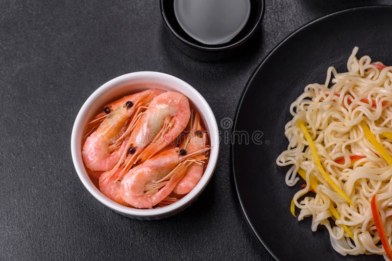 Delicious Fresh Rice Noodles with Shrimp, Spices and Herbs Stock Image