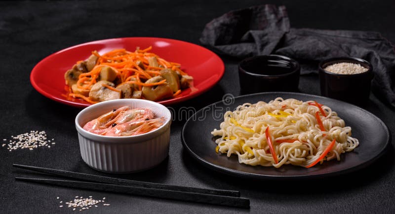Delicious Fresh Rice Noodles with Shrimp, Spices and Herbs Stock Image
