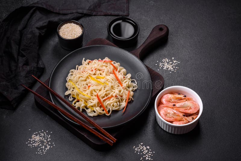 Delicious Fresh Rice Noodles with Shrimp, Spices and Herbs Stock Image