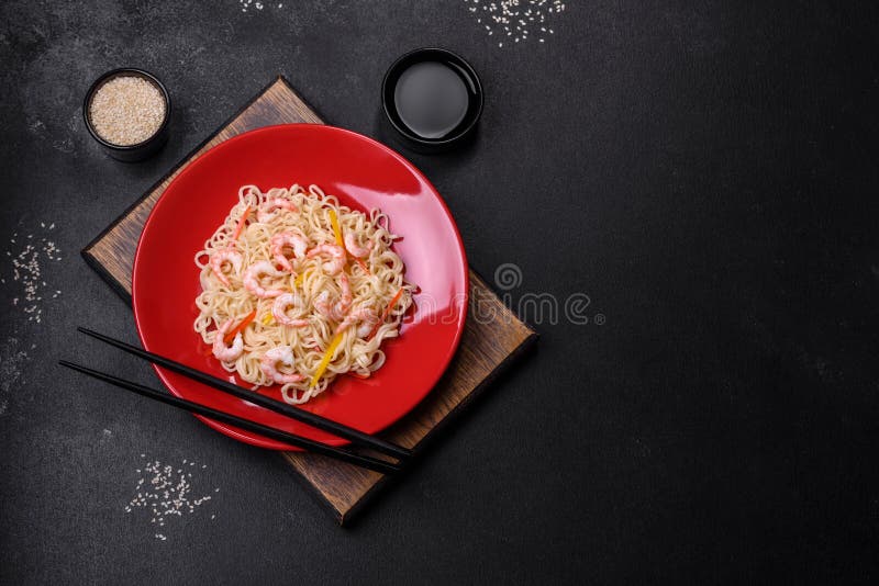 Delicious Fresh Rice Noodles with Shrimp, Spices and Herbs Stock Image