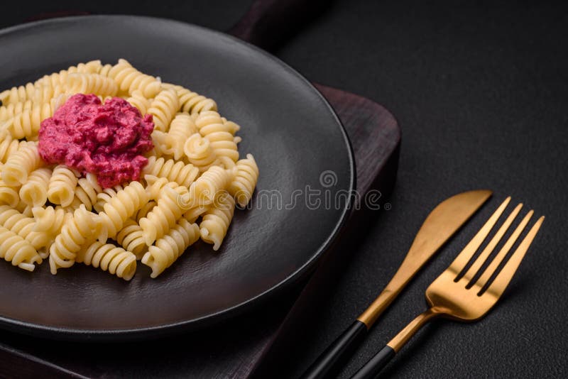 Delicious Fusilli Pasta with Beetroot Pesto, Parmesan, Salt and Spices