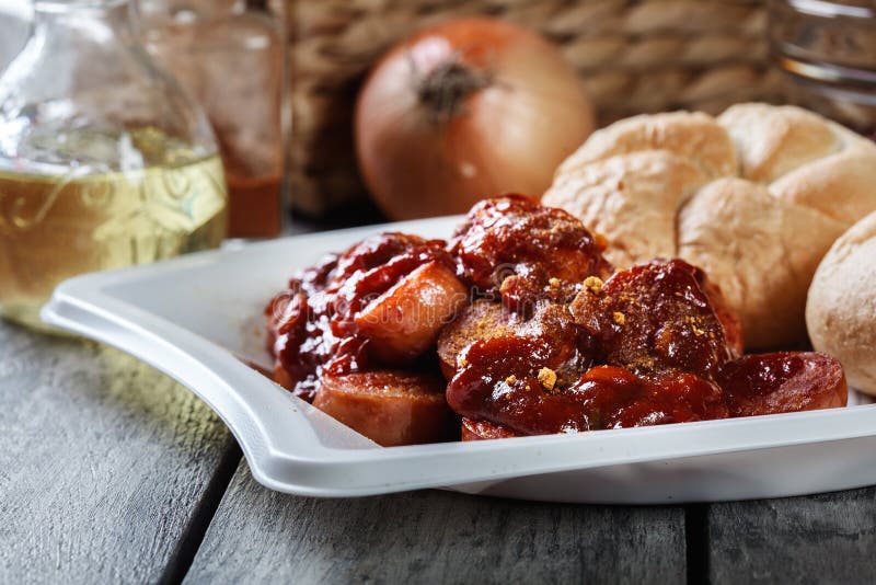 Delicious German Currywurst Pieces of Sausage with Curry Sauce Stock Photo Image of cuisine