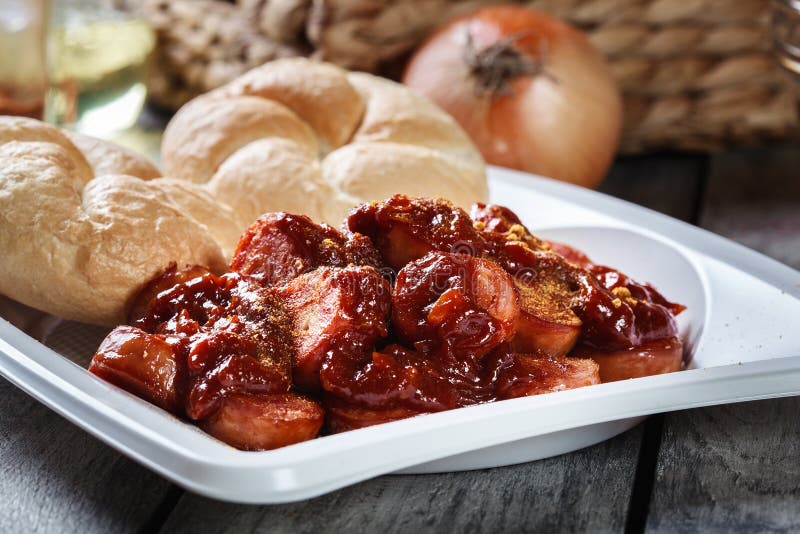Delicious German Currywurst Pieces of Sausage with Curry Sauce Stock Image Image of meat