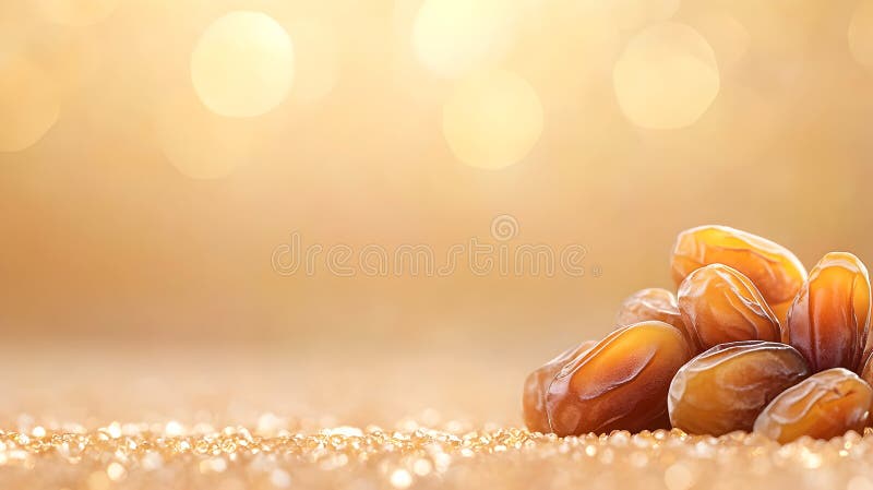 Delicious glossy dates placed on a glowing golden surface with blurred warm tones in the background and copy space royalty free stock photos