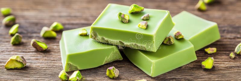 Delicious green chocolate pieces topped with crushed pistachios on rustic wooden surface royalty free stock image