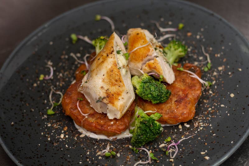 Grilled Chicken Breast Sousvide Stuffed with Herb Blue Cheese and