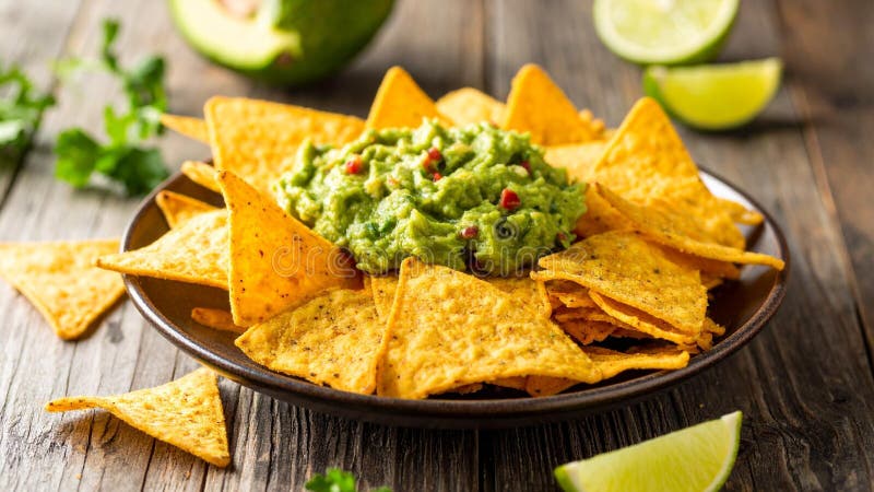 Delicious guacamole dip with tortilla chips on a rustic wooden table setting stock image
