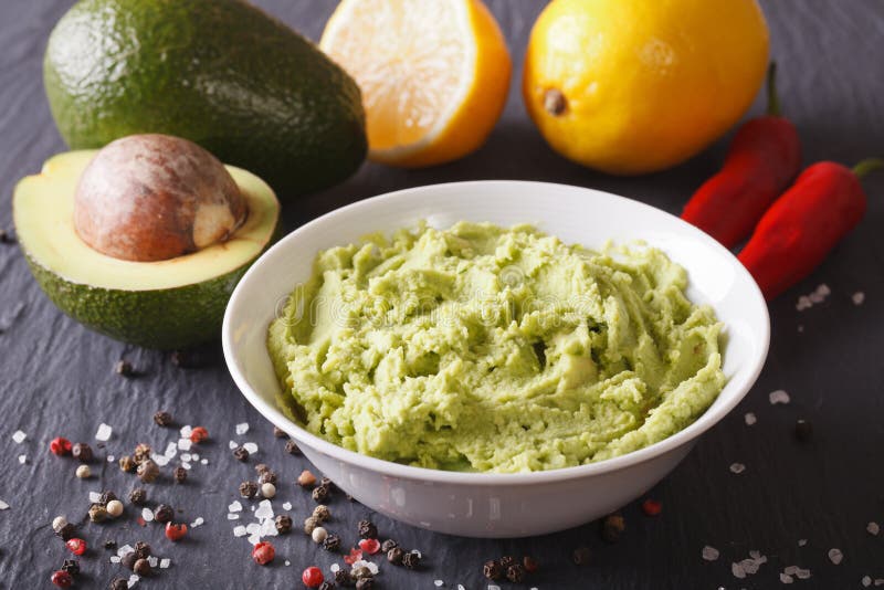 Delicious guacamole sauce and ingredients closeup. horizontal stock image