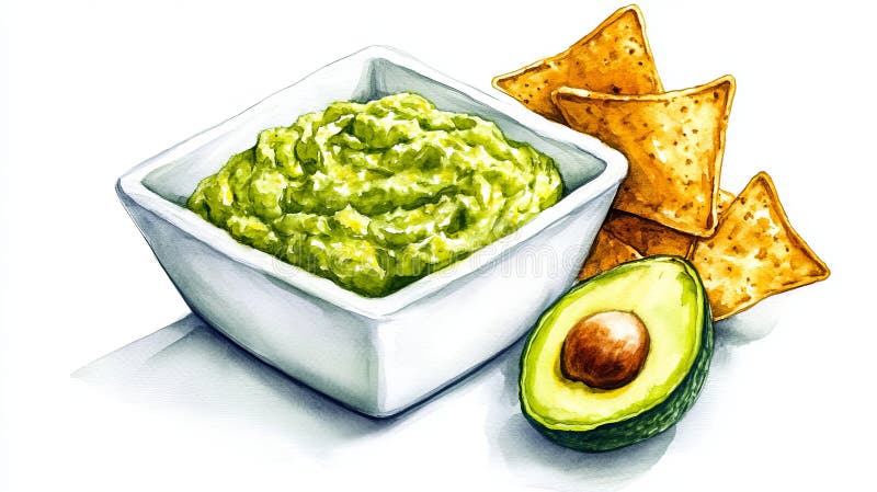 Delicious guacamole is served with tortilla chips in a bowl that is white royalty free stock images