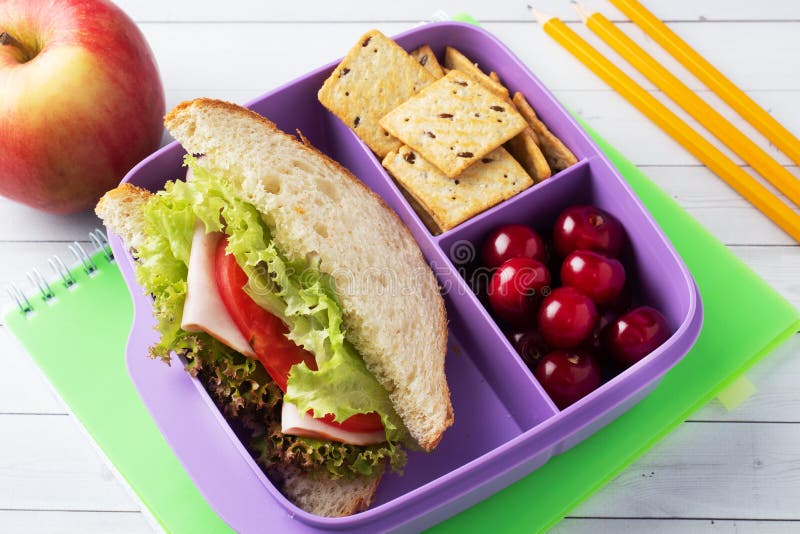 Delicious Healthy Sandwich in a Lunch Box, Cookies and Cherries. Take ...