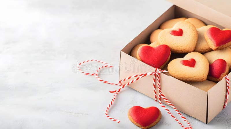 Delicious heart-shaped cookies with red icing in a rustic brown box, tied with festive red and white twine, creating stock image