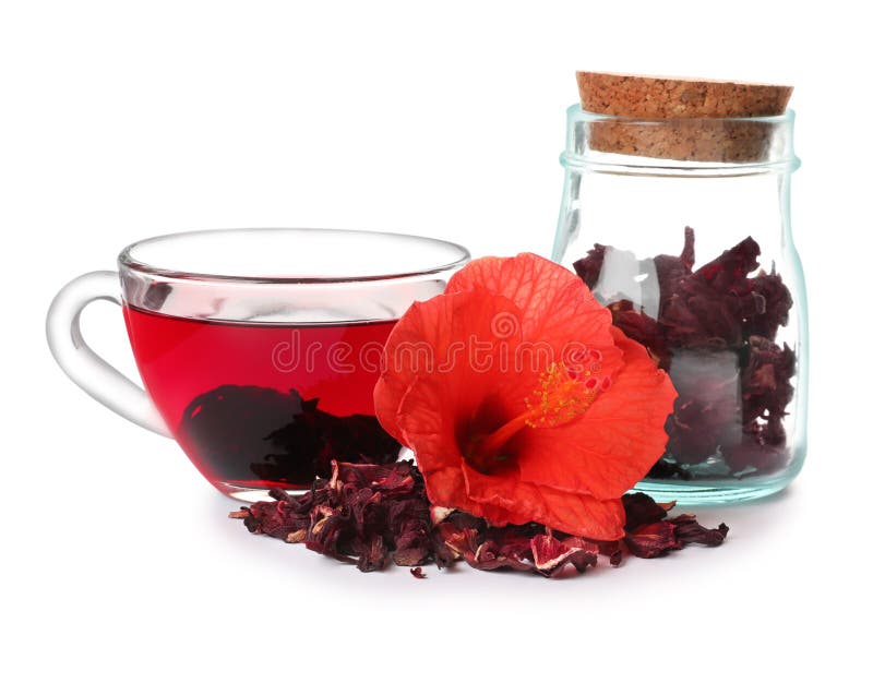 Delicious Hibiscus Tea and Dry Flowers on White Background Stock Photo